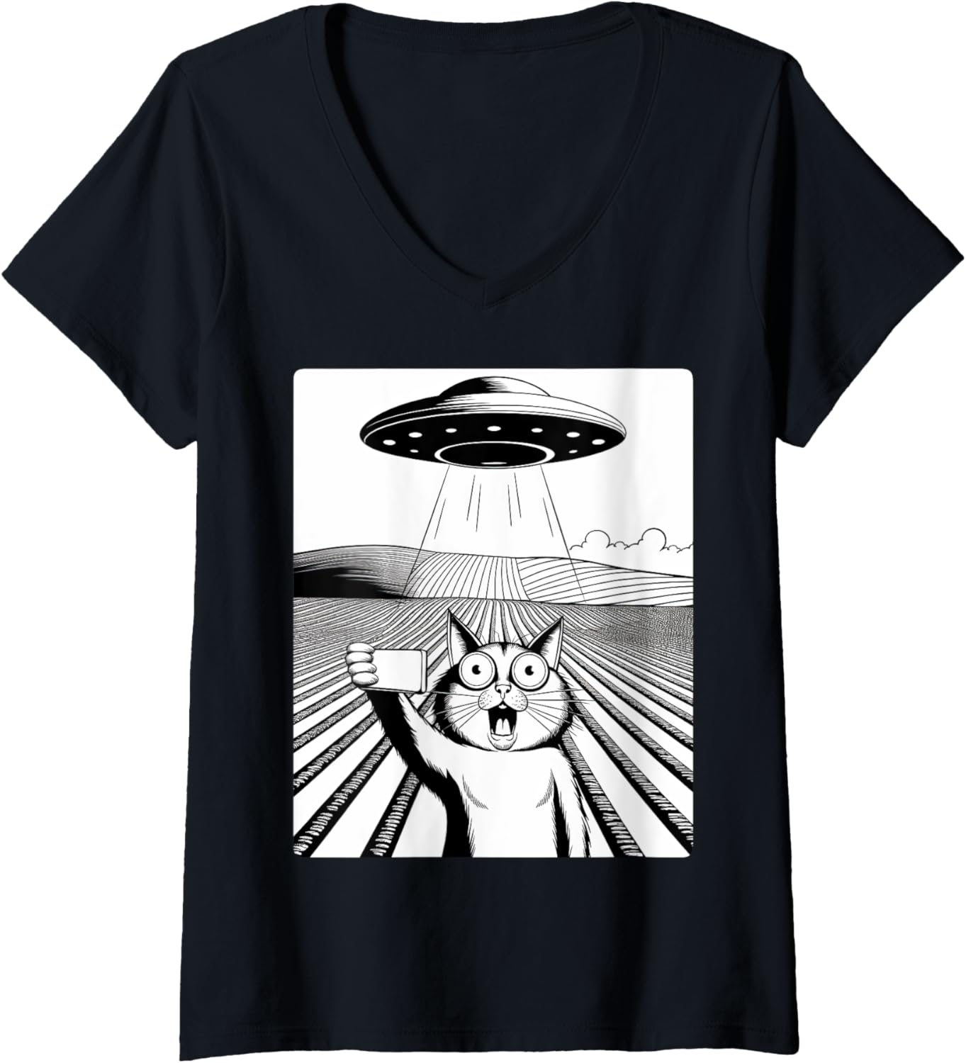 Womens cat selfie ufo background alien pet catmom & catdad vintage V-Neck