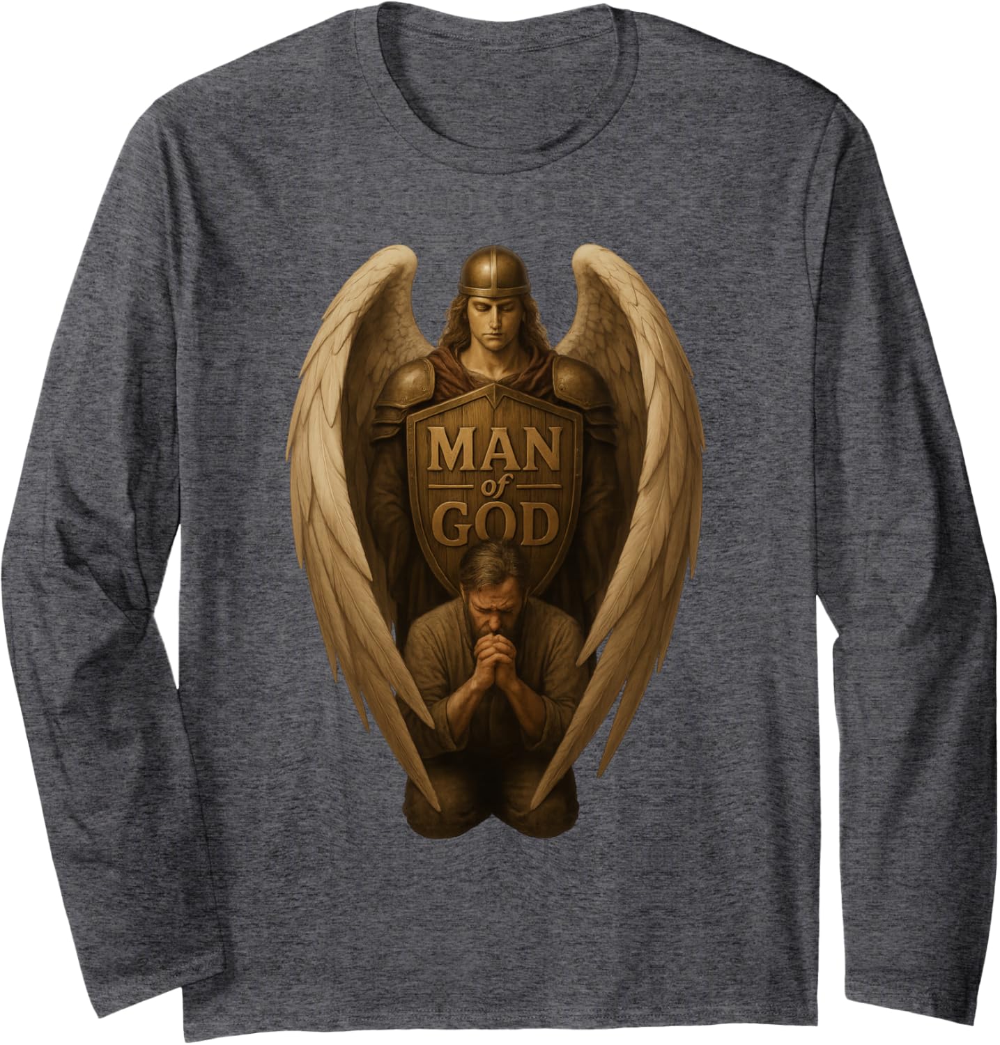 Father Praying Kneeling with Angel Protecting Christian Men Long Sleeve