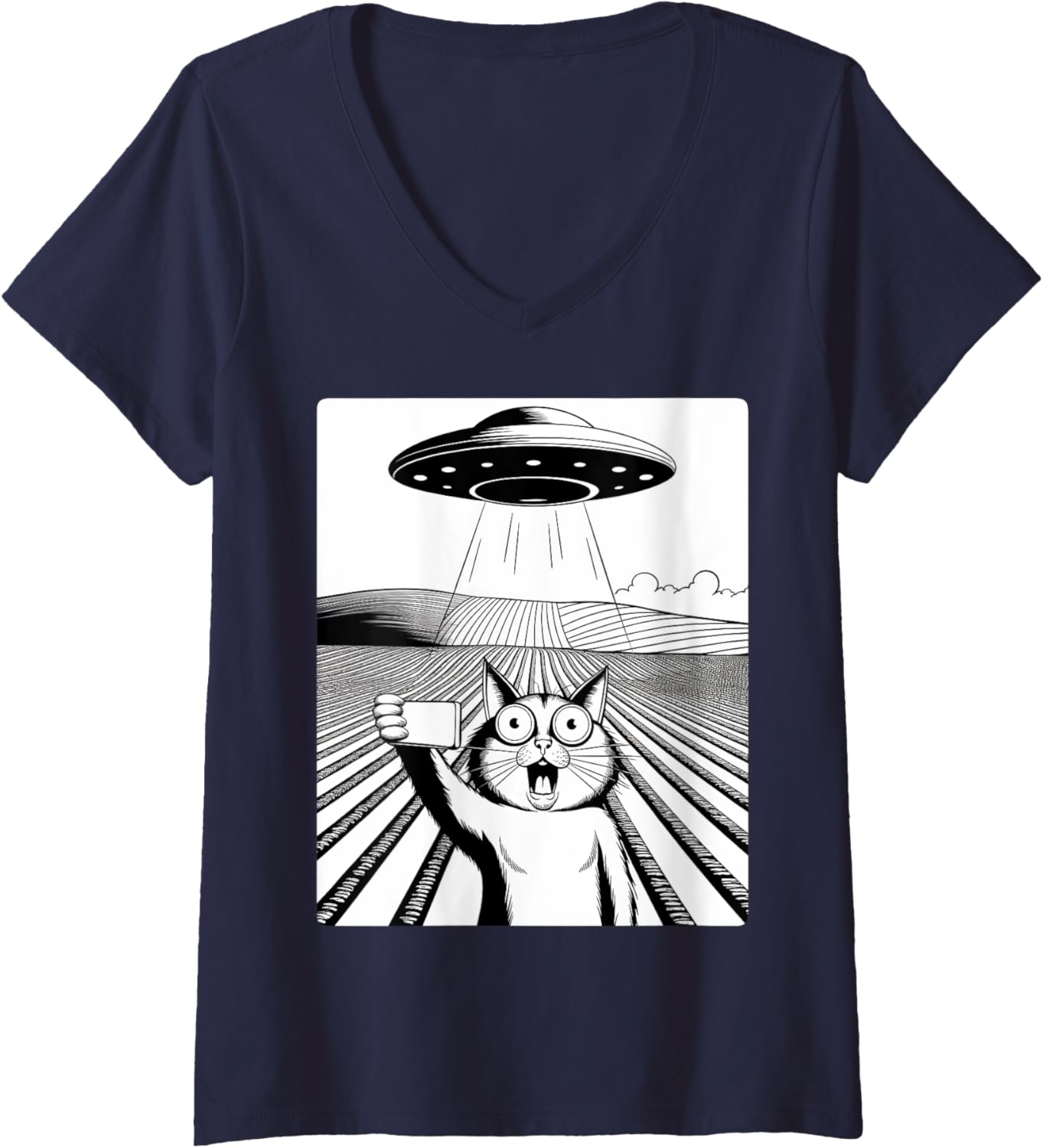 Womens cat selfie ufo background alien pet catmom & catdad vintage V-Neck