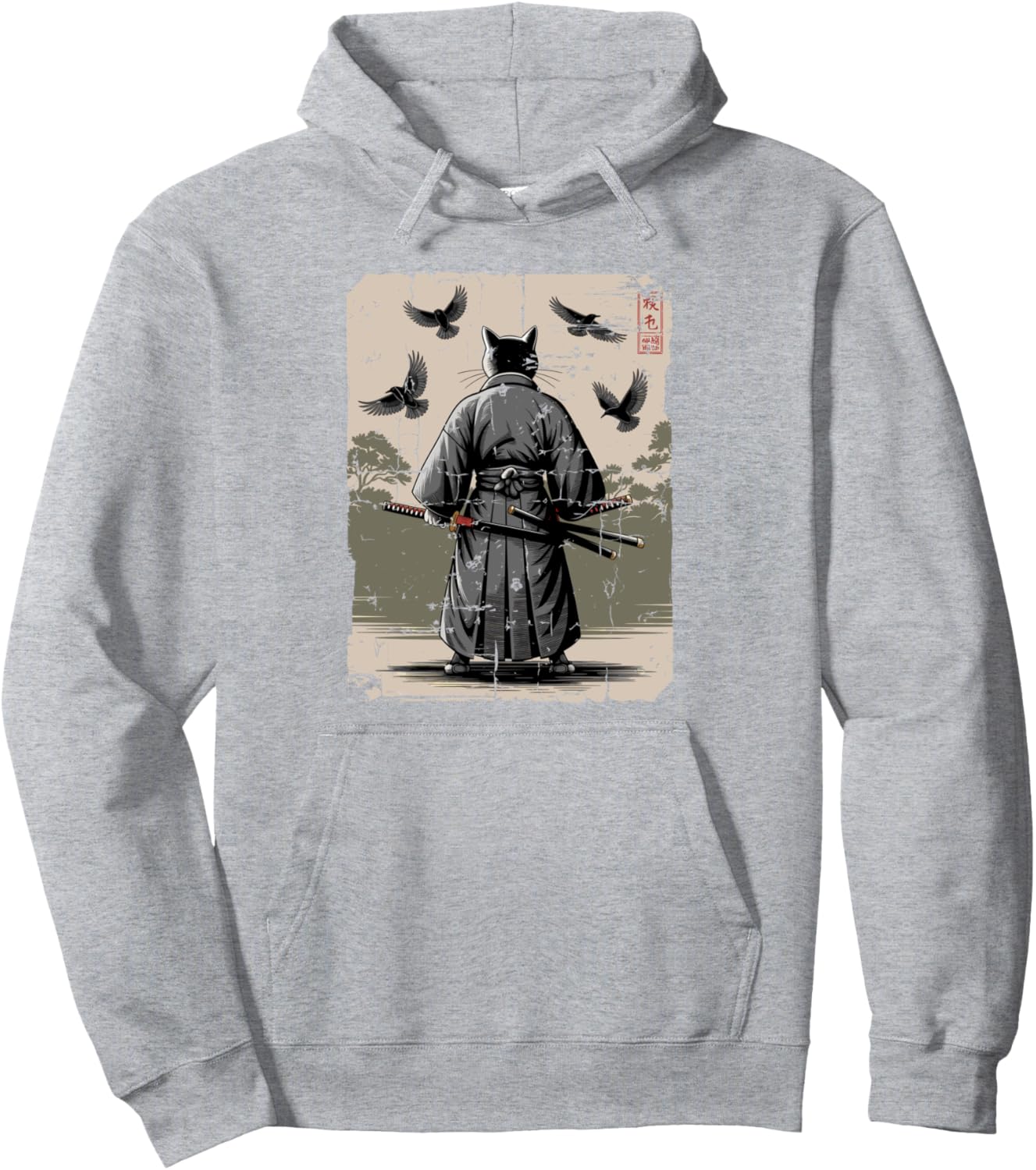 ?? Ninja Cat Samurai Warrior Vintage Japanese Anime Art Pullover Hoodie