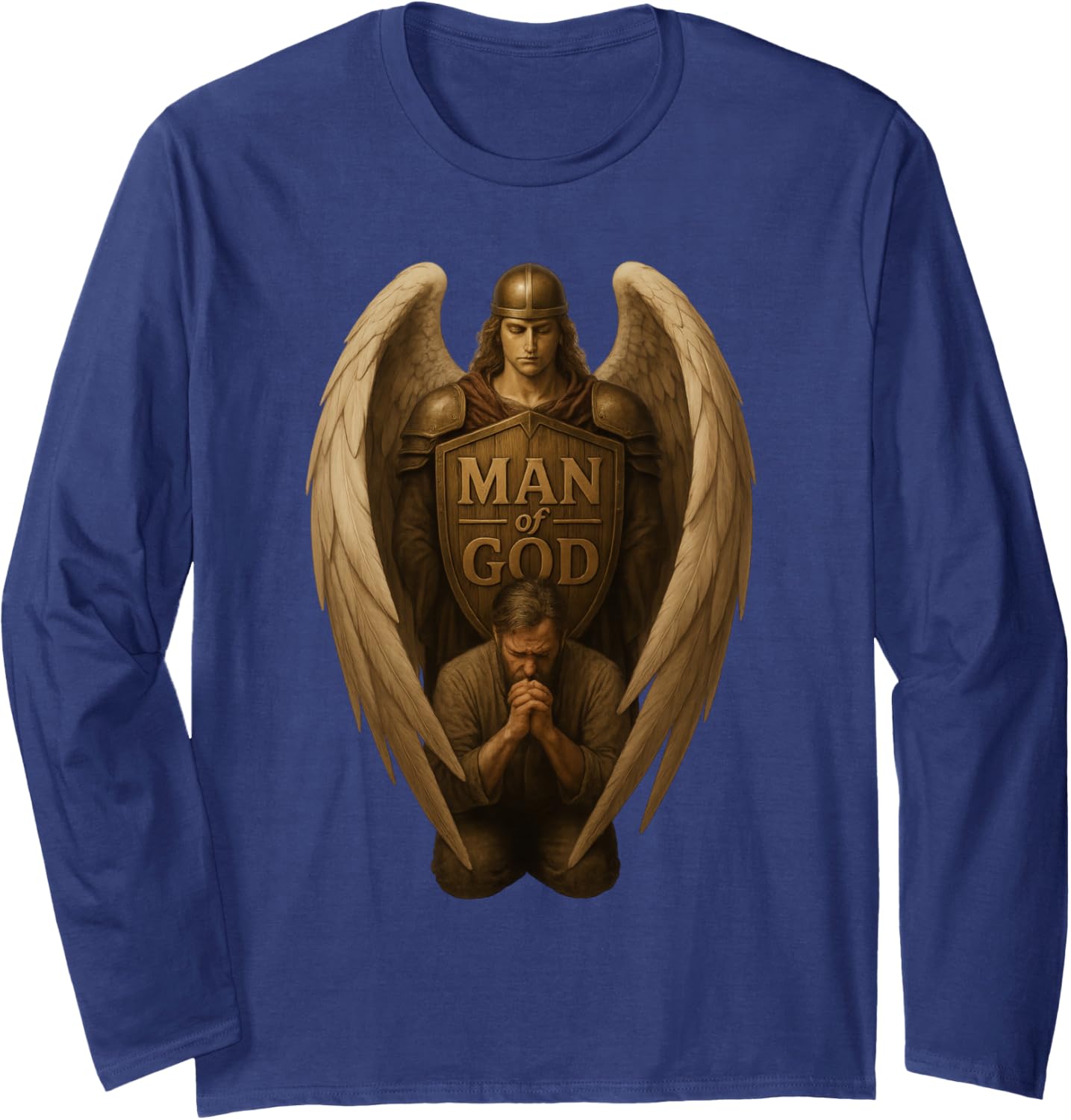 Father Praying Kneeling with Angel Protecting Christian Men Long Sleeve