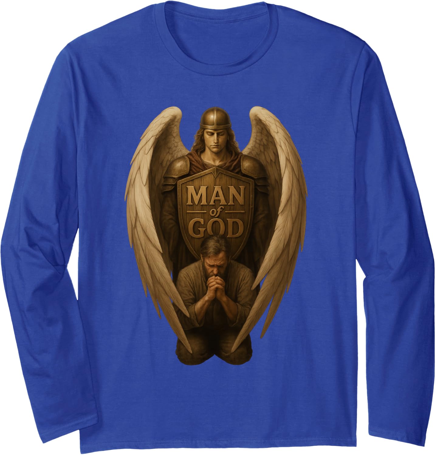 Father Praying Kneeling with Angel Protecting Christian Men Long Sleeve