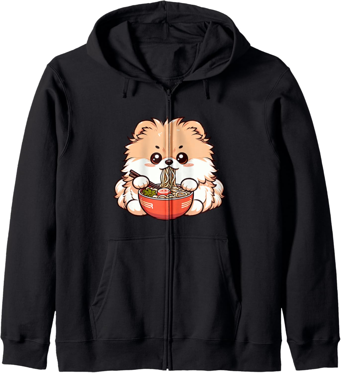 Anime Kawaii Pomeranian Dog Eating Ramen Noodles Teen Girl Zip Hoodie