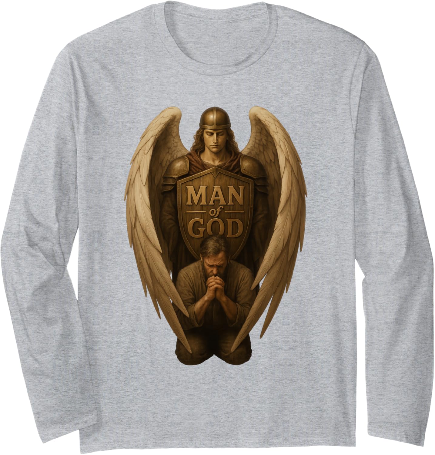 Father Praying Kneeling with Angel Protecting Christian Men Long Sleeve