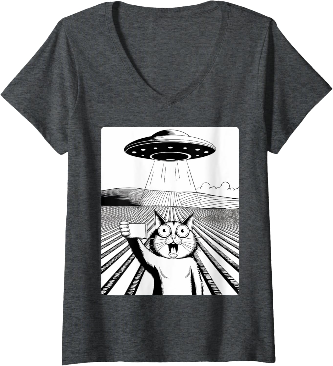 Womens cat selfie ufo background alien pet catmom & catdad vintage V-Neck
