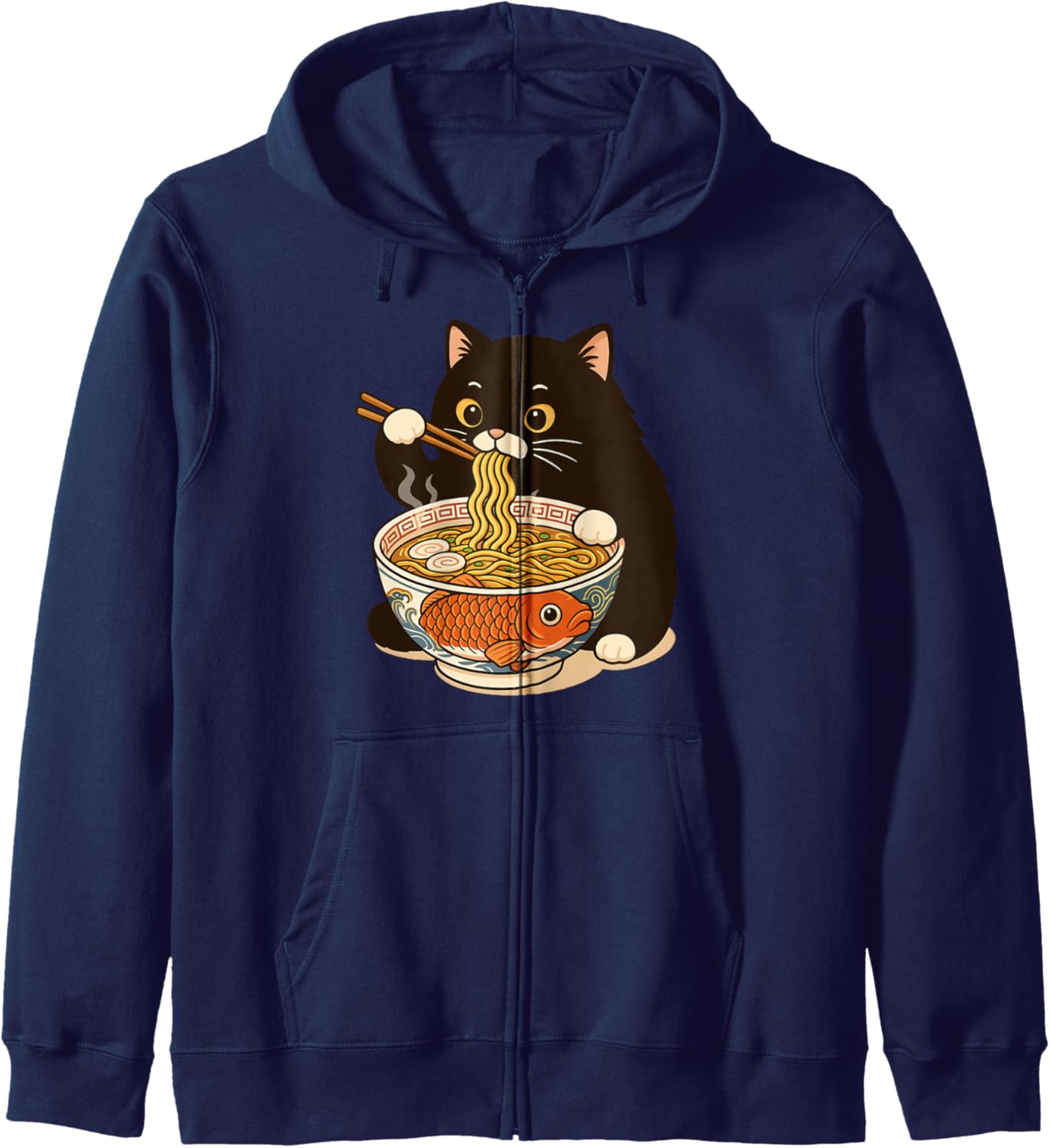 Fat Cat Ramen Anime Meme Eating Noodles Kawaii Zip Hoodie