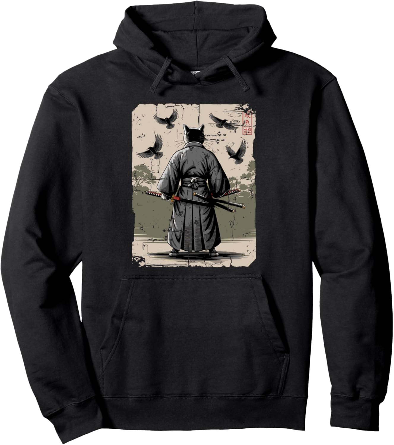 ?? Ninja Cat Samurai Warrior Vintage Japanese Anime Art Pullover Hoodie