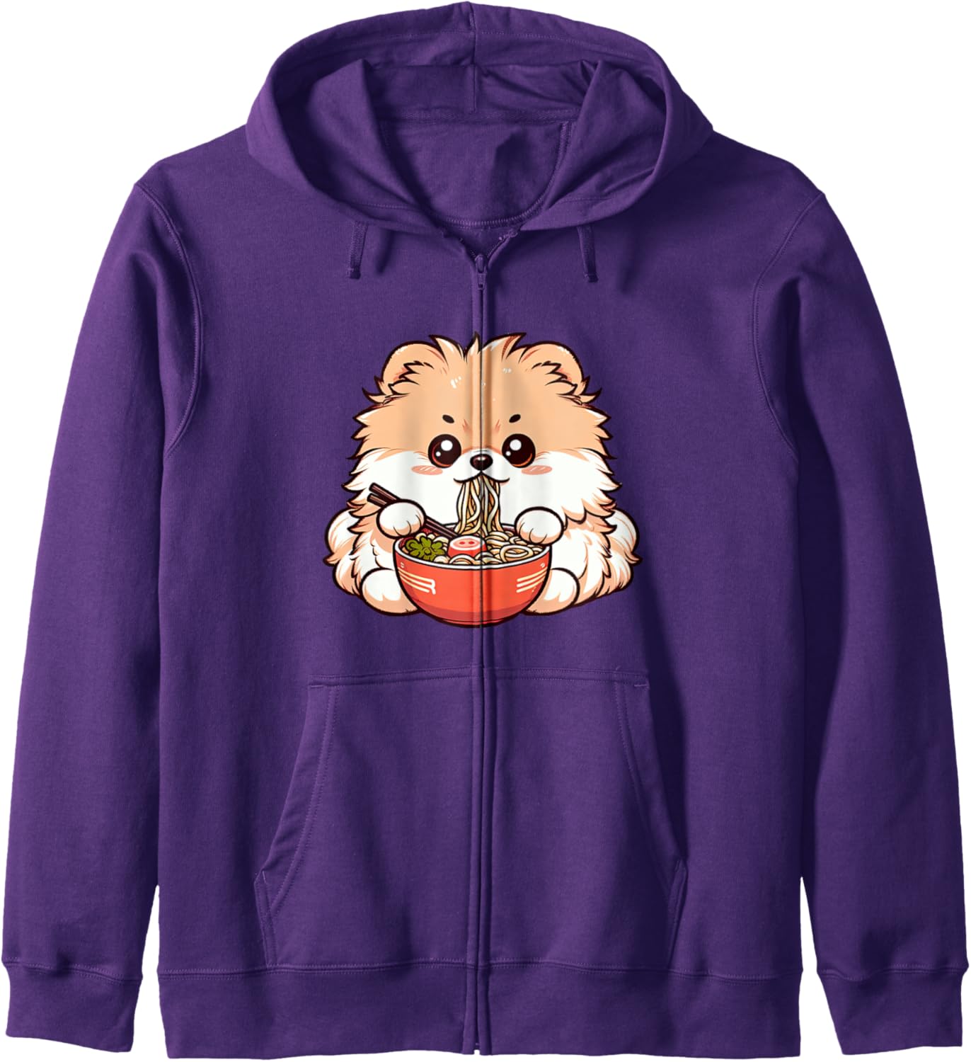 Anime Kawaii Pomeranian Dog Eating Ramen Noodles Teen Girl Zip Hoodie