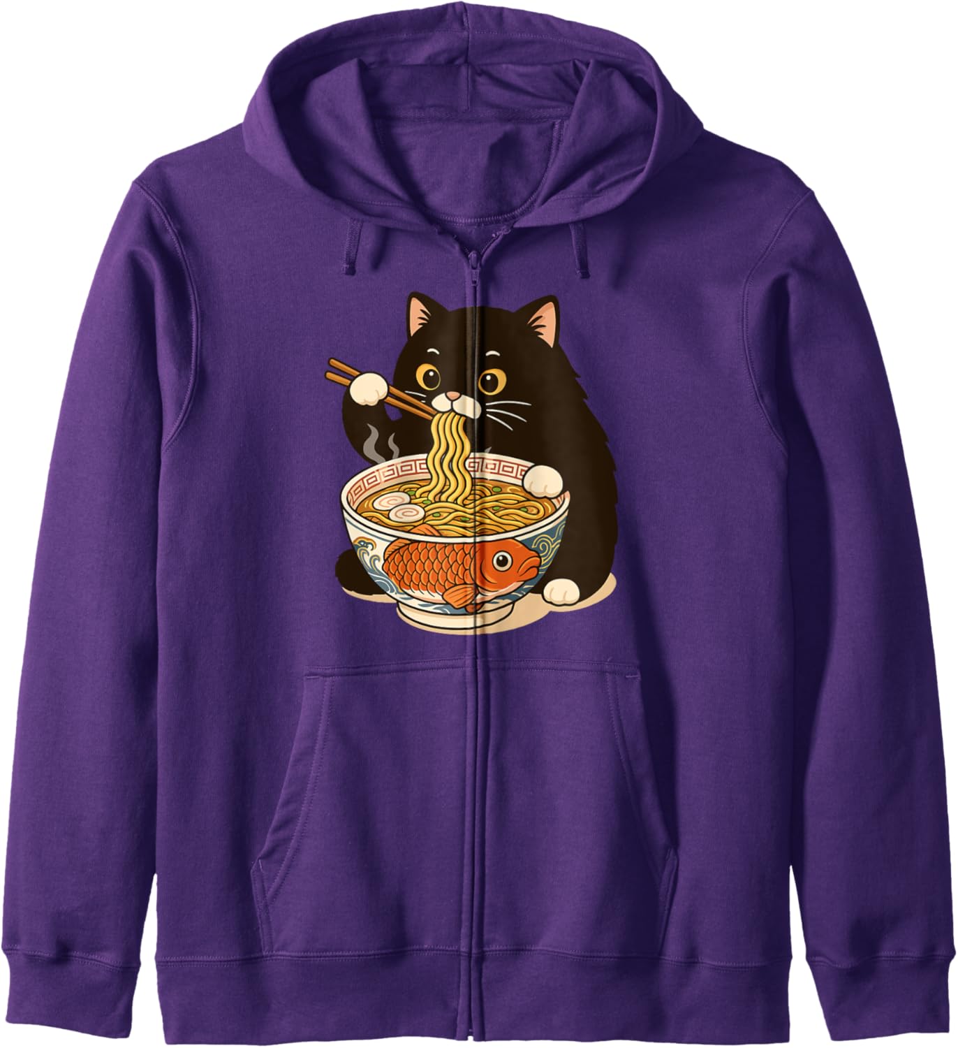 Fat Cat Ramen Anime Meme Eating Noodles Kawaii Zip Hoodie