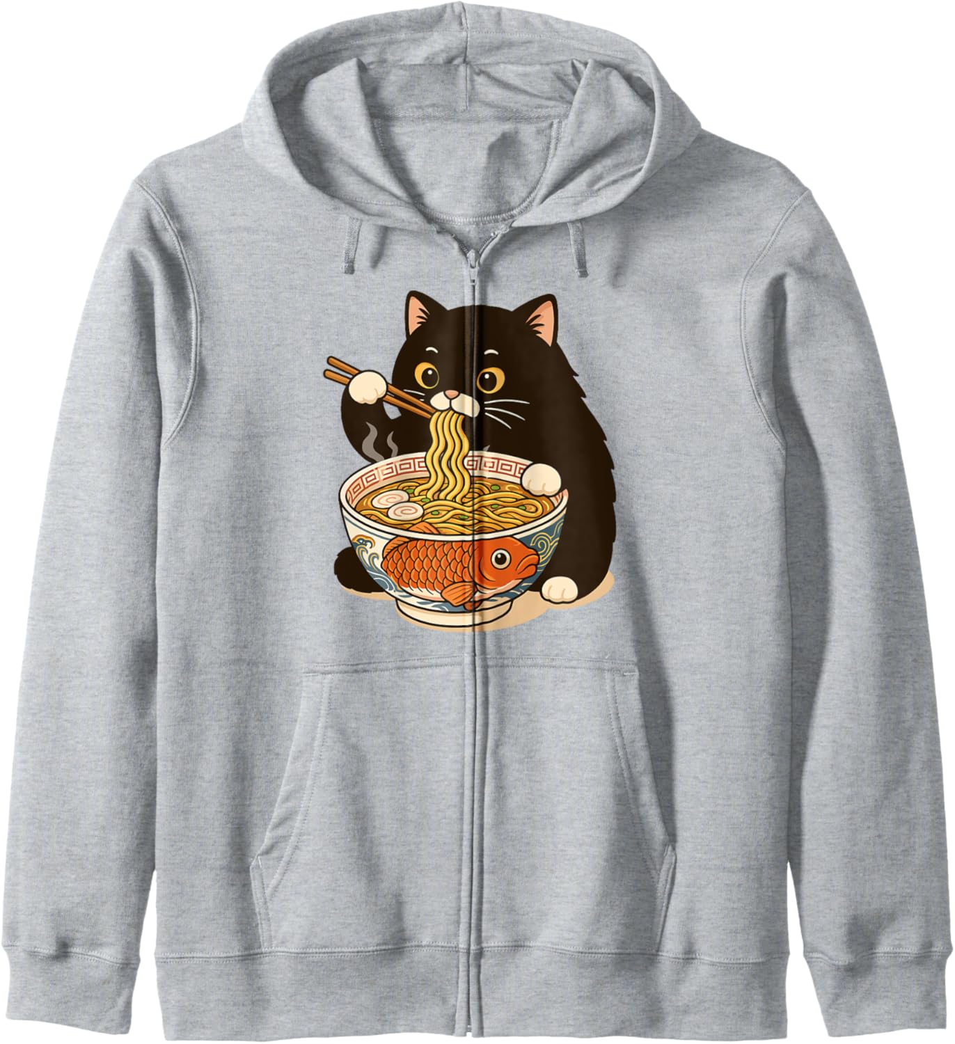 Fat Cat Ramen Anime Meme Eating Noodles Kawaii Zip Hoodie