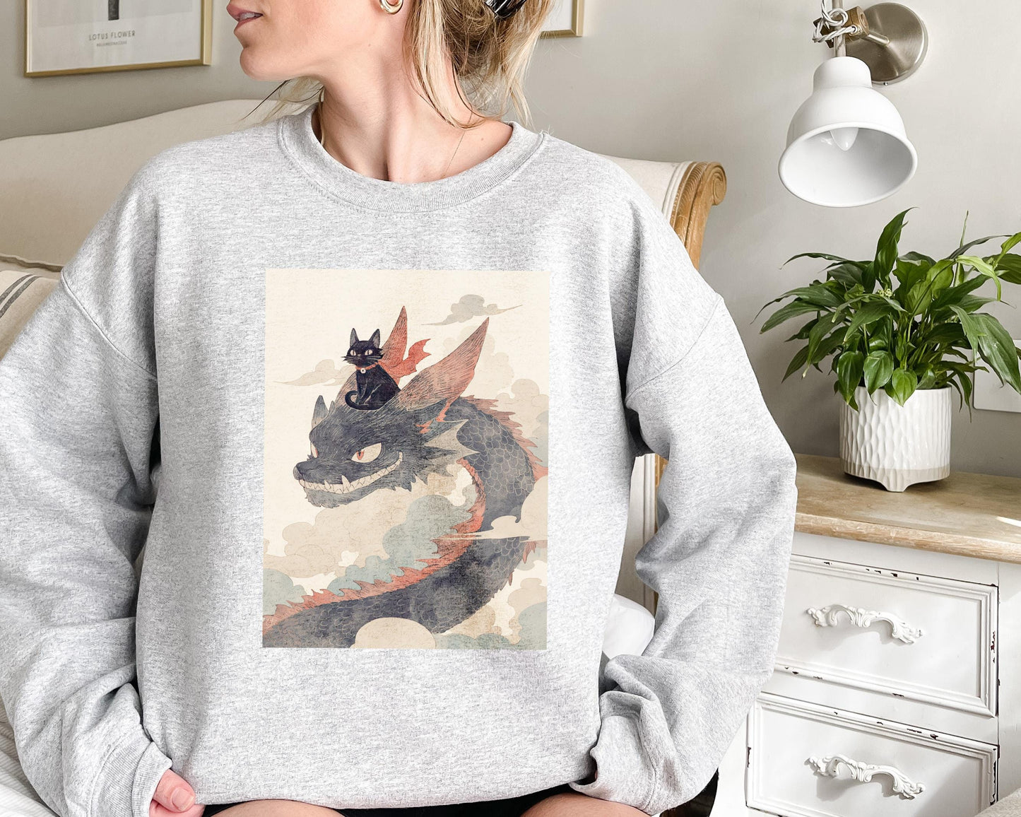 Cartoon Black Cat Riding a Dragon Sweatshirt | Cozy Fantasy Sweater | Kawaii Cat Lover Gift | Warm and Fun Cat Design | Casual Anime Wear