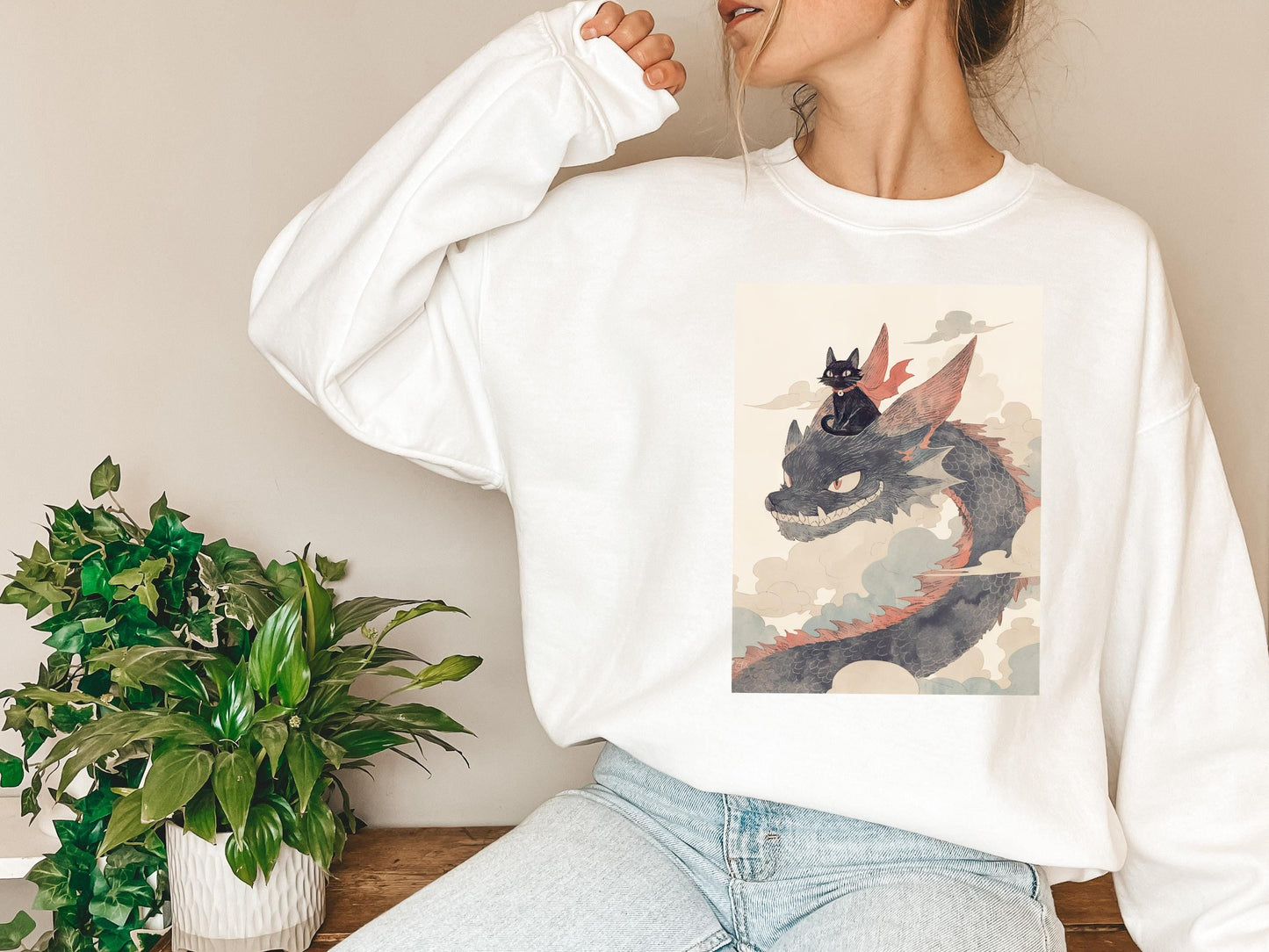 Cartoon Black Cat Riding a Dragon Sweatshirt | Cozy Fantasy Sweater | Kawaii Cat Lover Gift | Warm and Fun Cat Design | Casual Anime Wear
