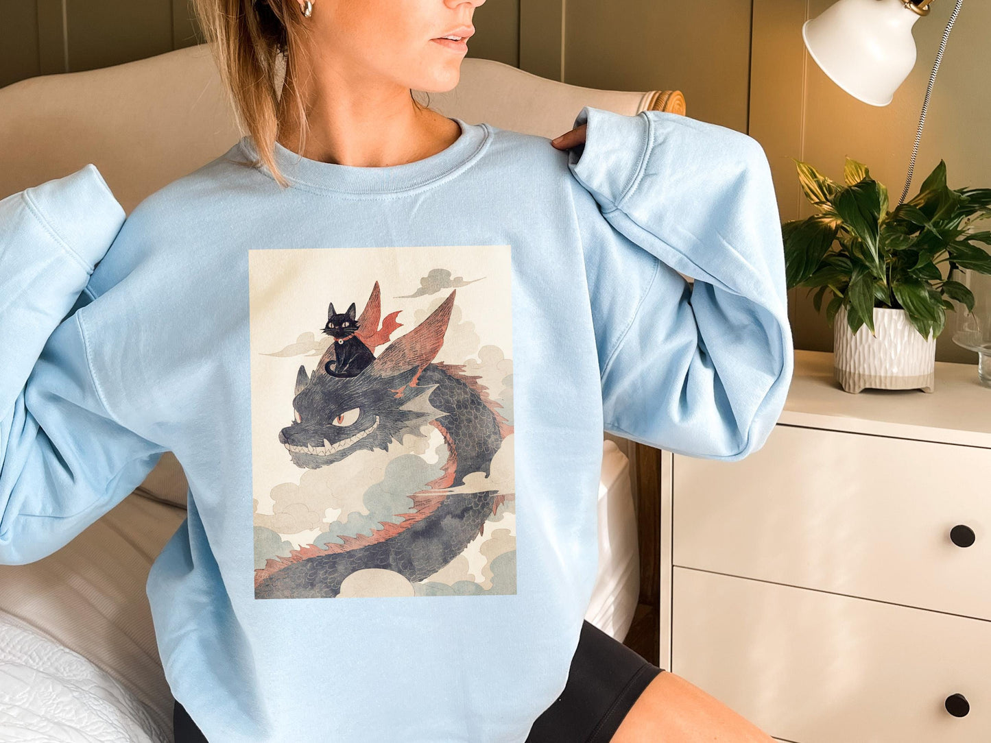 Cartoon Black Cat Riding a Dragon Sweatshirt | Cozy Fantasy Sweater | Kawaii Cat Lover Gift | Warm and Fun Cat Design | Casual Anime Wear