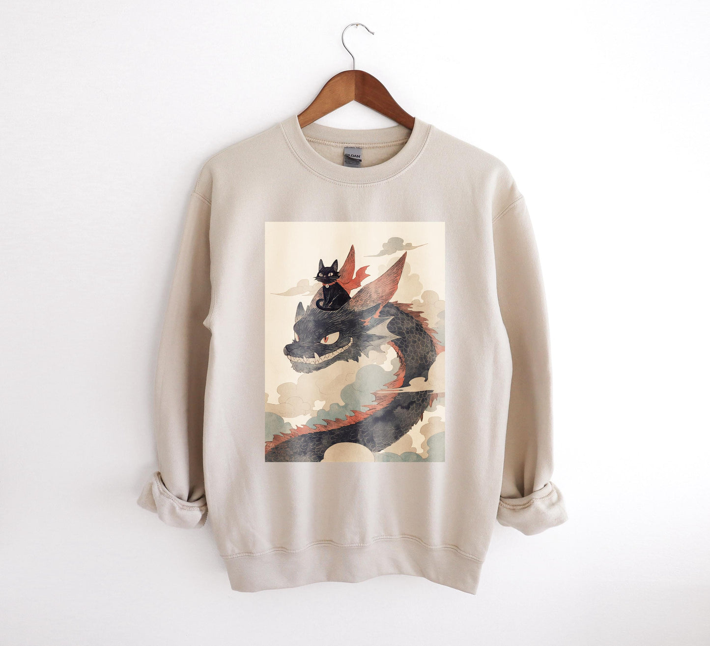 Cartoon Black Cat Riding a Dragon Sweatshirt | Cozy Fantasy Sweater | Kawaii Cat Lover Gift | Warm and Fun Cat Design | Casual Anime Wear