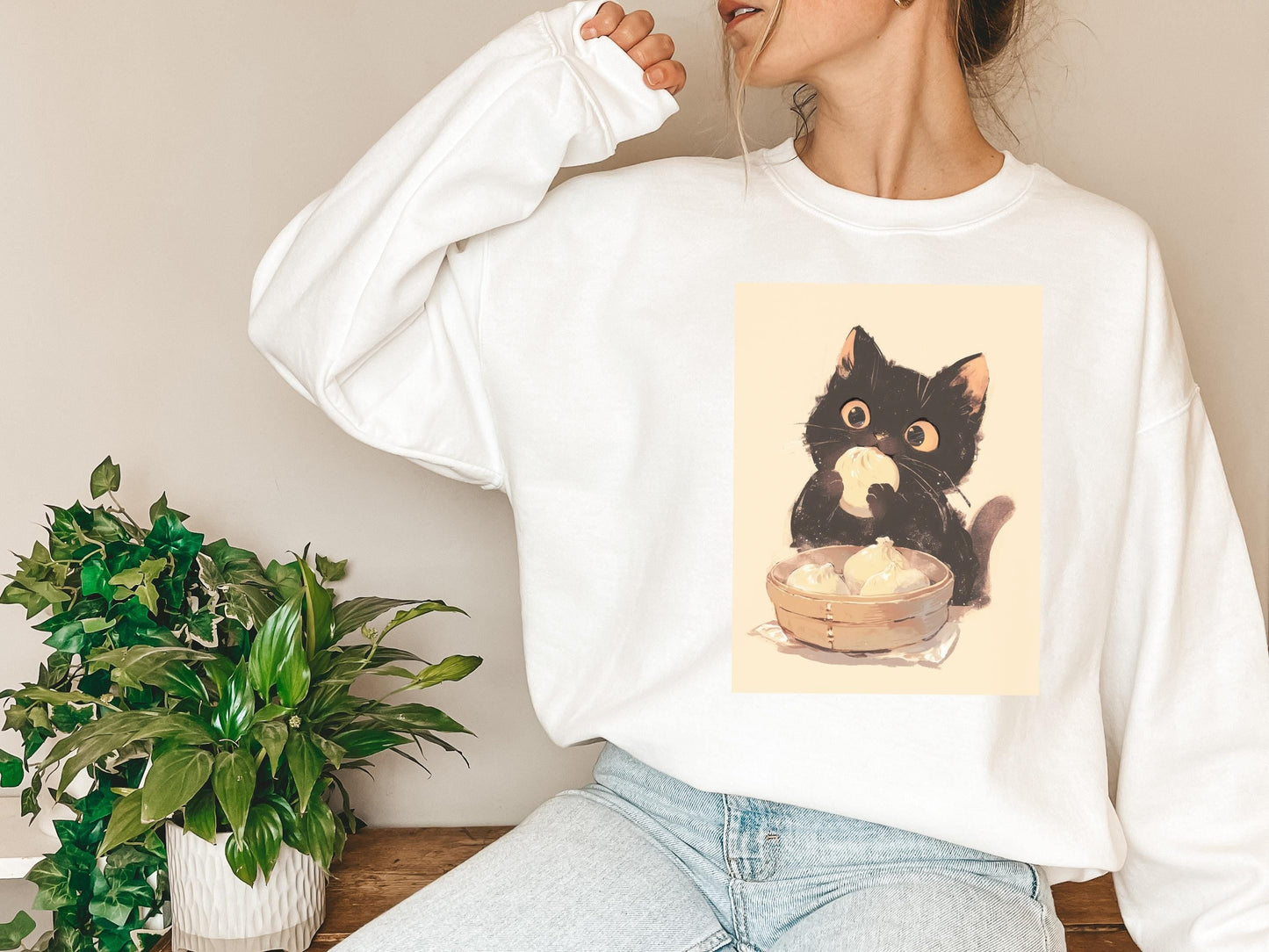 Asian Black Kitten Eating Dumplings Sweatshirt | Kawaii Cat Sweater | Anime Food Lover Gift | Cozy Warm Cat Design | Adorable Casual Wear