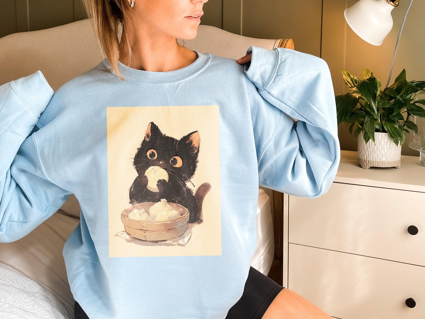 Asian Black Kitten Eating Dumplings Sweatshirt | Kawaii Cat Sweater | Anime Food Lover Gift | Cozy Warm Cat Design | Adorable Casual Wear