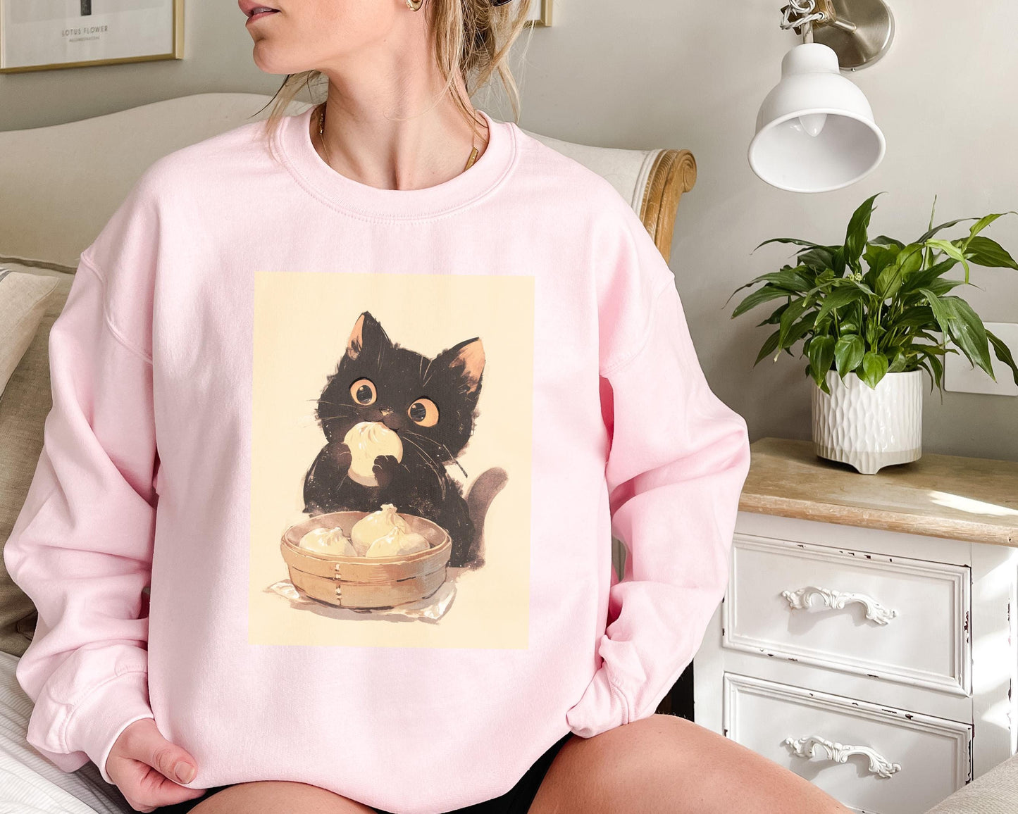 Asian Black Kitten Eating Dumplings Sweatshirt | Kawaii Cat Sweater | Anime Food Lover Gift | Cozy Warm Cat Design | Adorable Casual Wear