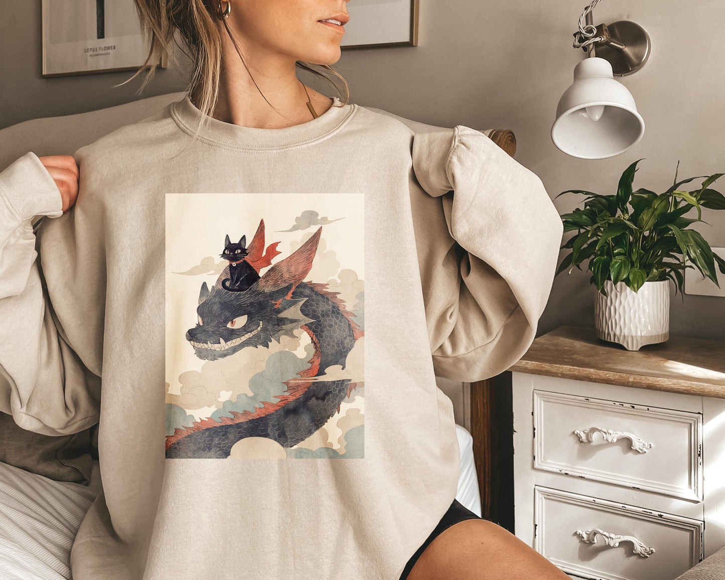 Cartoon Black Cat Riding a Dragon Sweatshirt | Cozy Fantasy Sweater | Kawaii Cat Lover Gift | Warm and Fun Cat Design | Casual Anime Wear