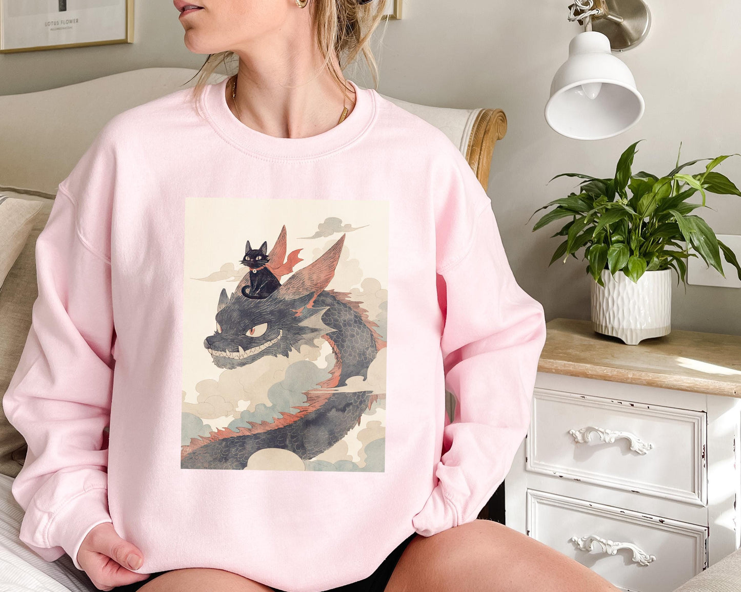 Cartoon Black Cat Riding a Dragon Sweatshirt | Cozy Fantasy Sweater | Kawaii Cat Lover Gift | Warm and Fun Cat Design | Casual Anime Wear