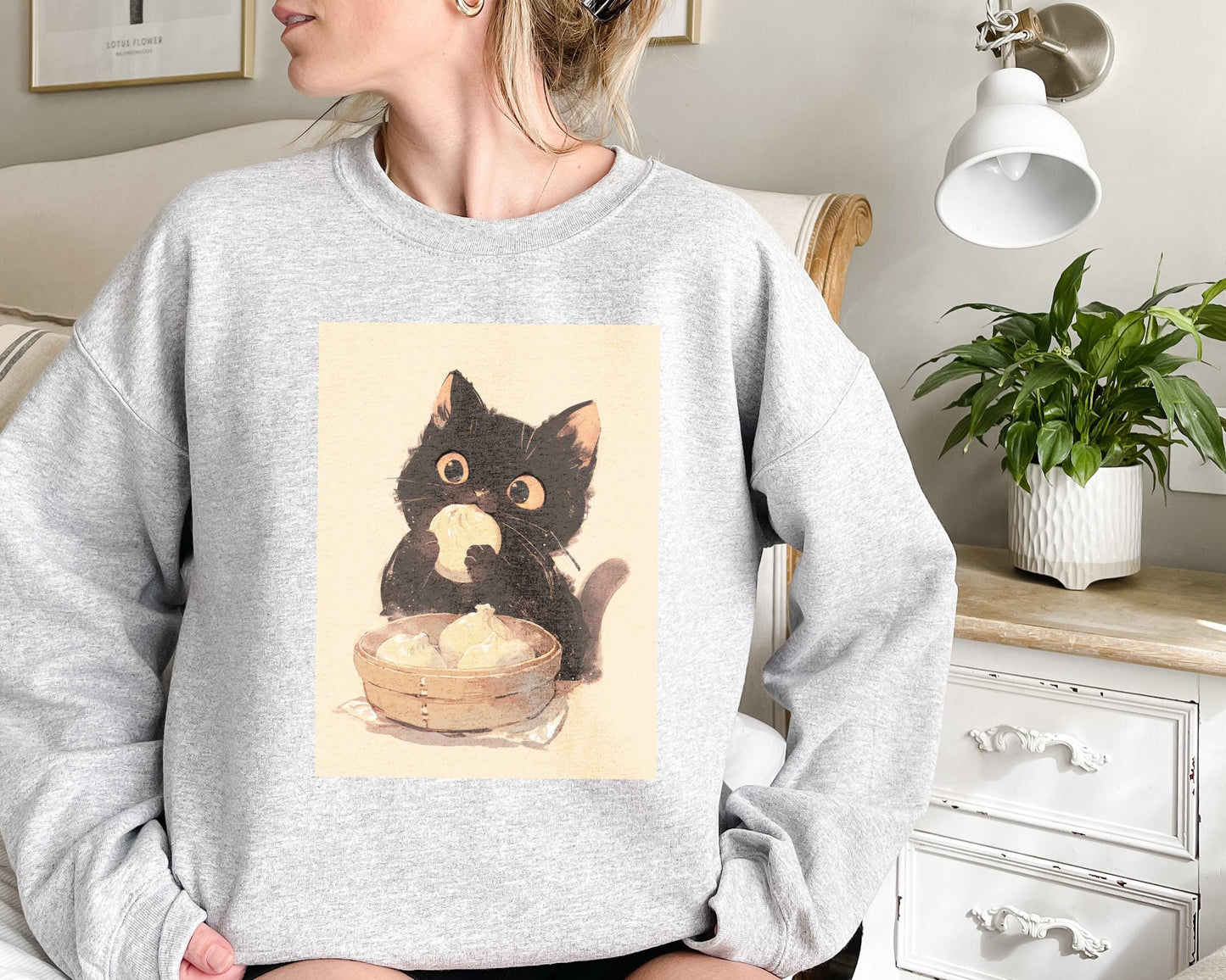 Asian Black Kitten Eating Dumplings Sweatshirt | Kawaii Cat Sweater | Anime Food Lover Gift | Cozy Warm Cat Design | Adorable Casual Wear
