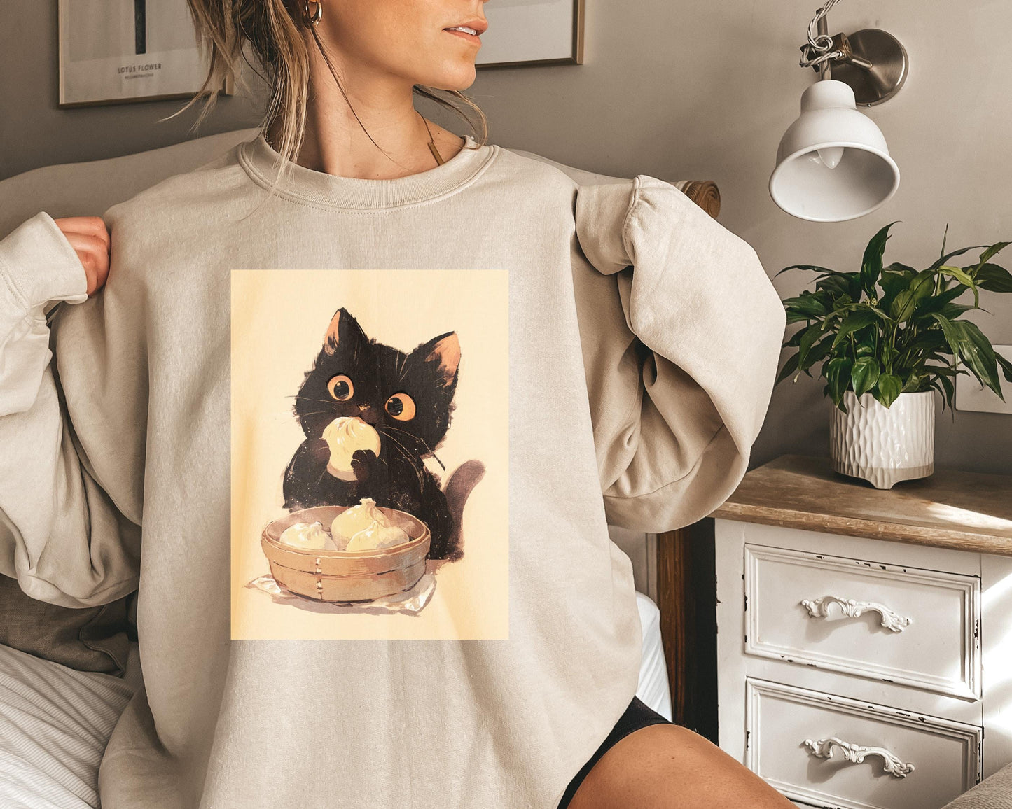 Asian Black Kitten Eating Dumplings Sweatshirt | Kawaii Cat Sweater | Anime Food Lover Gift | Cozy Warm Cat Design | Adorable Casual Wear