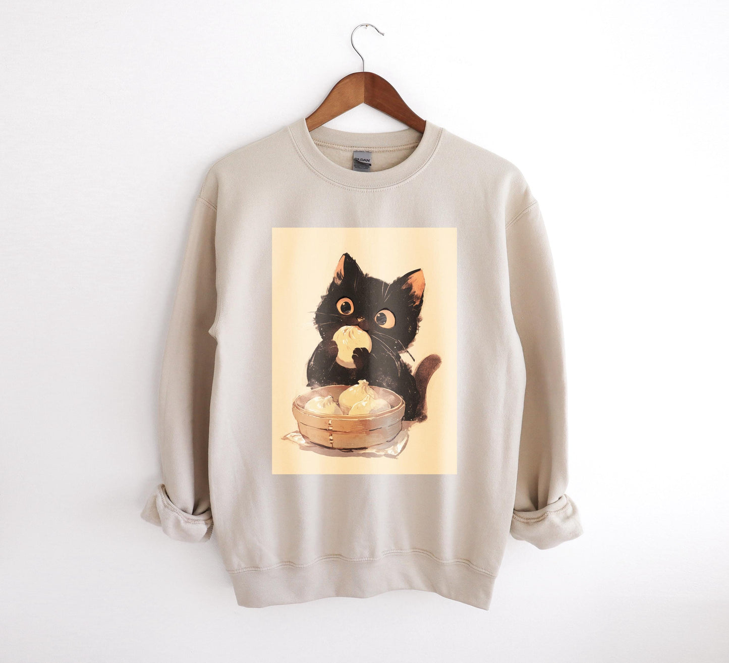 Asian Black Kitten Eating Dumplings Sweatshirt | Kawaii Cat Sweater | Anime Food Lover Gift | Cozy Warm Cat Design | Adorable Casual Wear