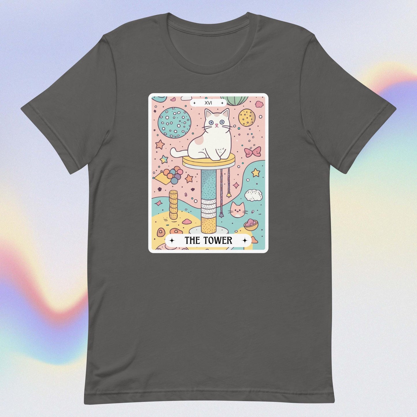 Cat Tarot Card TShirt, Tower Tarot Shirt,Cute Colorful Cat Meme Graphic Tee,Anime Cat Tee,Cat mom gift,kawaii cartoon witchy unisex oversize