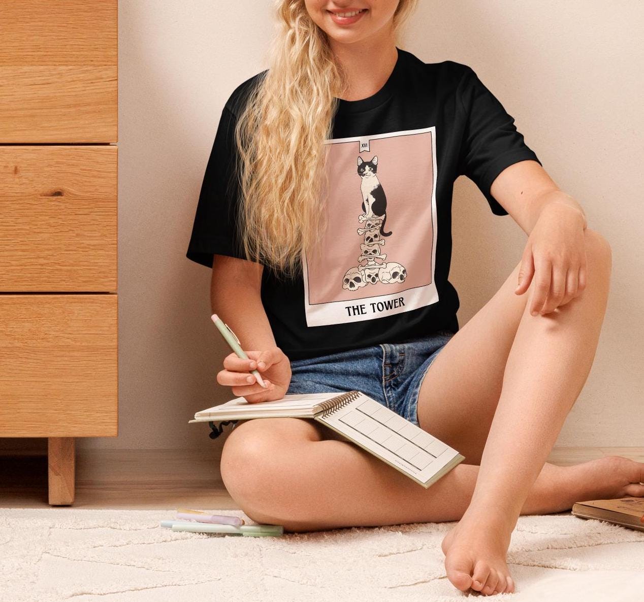 Cat Tarot Card TShirt, Tower Tarot Shirt,Cute Cat Bones Skulls Meme Graphic Tee,Anime Cat Tee,Black White Cat mom gift,kawaii witchy unisex