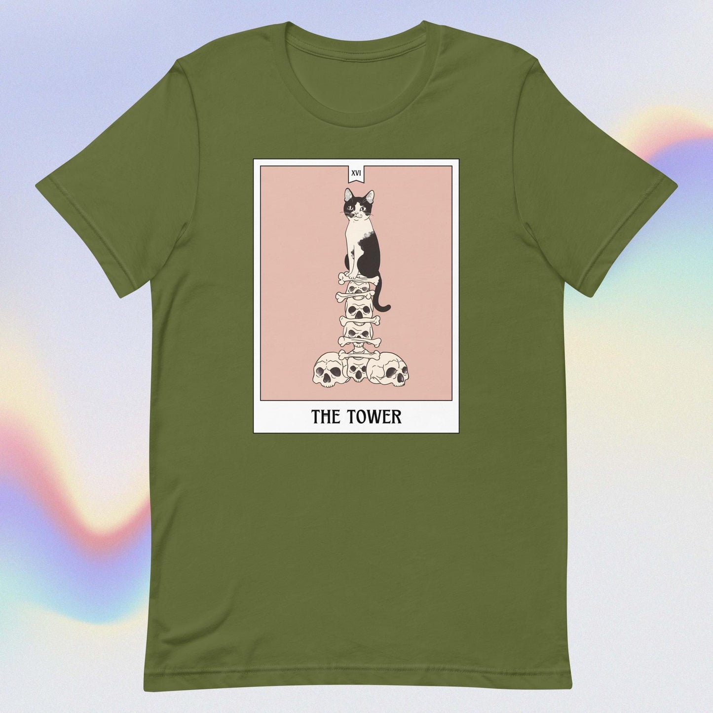 Cat Tarot Card TShirt, Tower Tarot Shirt,Cute Cat Bones Skulls Meme Graphic Tee,Anime Cat Tee,Black White Cat mom gift,kawaii witchy unisex