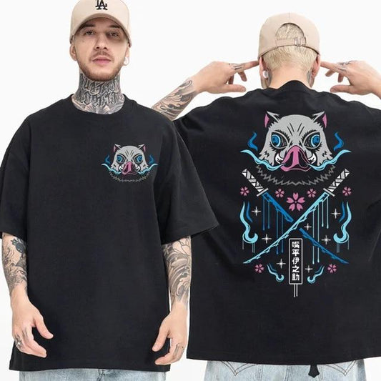 Demon Slayer Inosuke Demon Shirt - 90s Slayer Style Graphic Tee, Unisex Cotton Crewneck, Black, Featuring Anime Design, Gift for Fans & Men