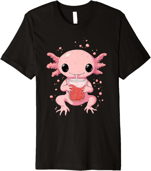 cute axolotl drinks bubble tea bubbletea anime kawaii Premium