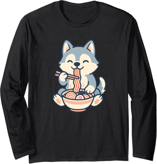 Husky Eating Ramen Noodles, Kawaii, Manga, Anime Long Sleeve
