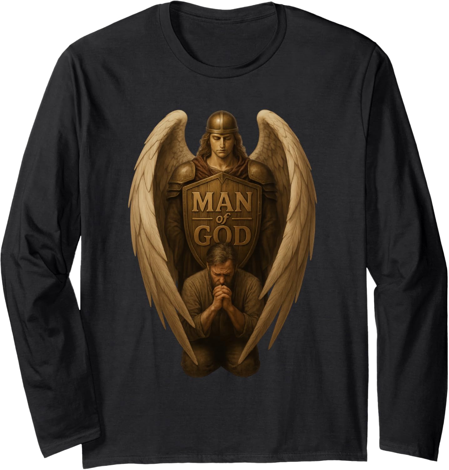 Father Praying Kneeling with Angel Protecting Christian Men Long Sleeve