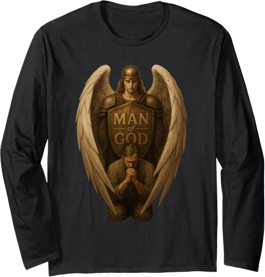 Father Praying Kneeling with Angel Protecting Christian Men Long Sleeve