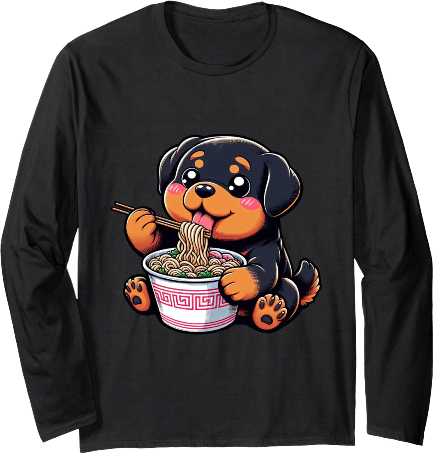 Anime Kawaii Rottweiler Dog Eating Ramen Noodles Teen Girl Long Sleeve