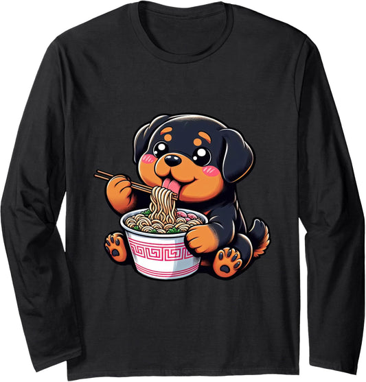 Anime Kawaii Rottweiler Dog Eating Ramen Noodles Teen Girl Long Sleeve