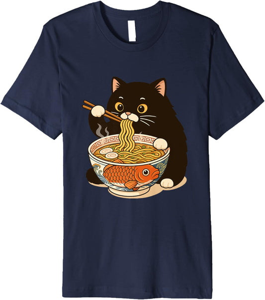 Fat Cat Ramen Anime Meme Eating Noodles Kawaii Premium