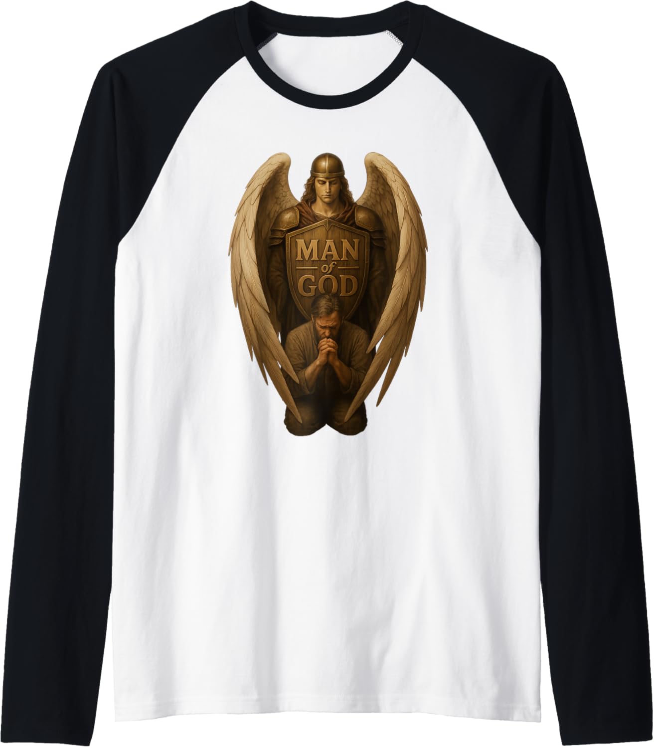 Father Praying Kneeling with Angel Protecting Christian Men Raglan Baseball Tee