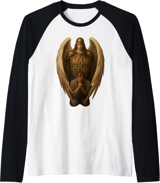 Father Praying Kneeling with Angel Protecting Christian Men Raglan Baseball Tee