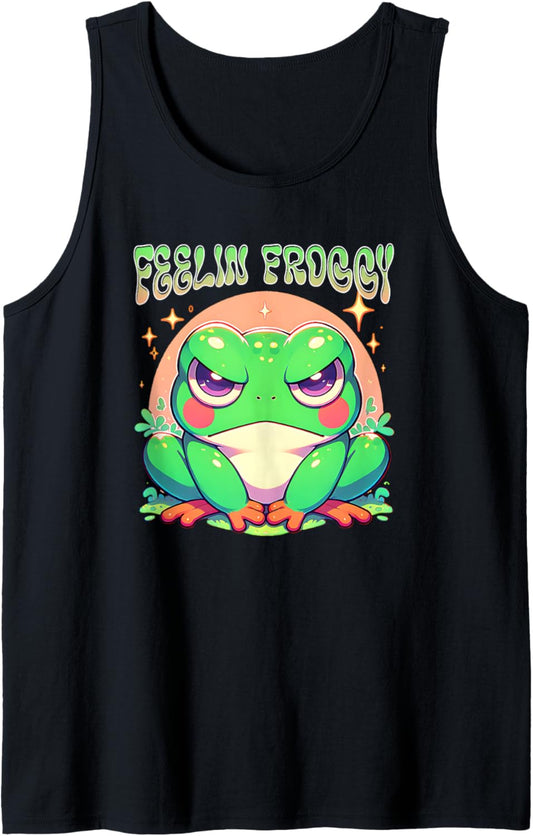 Grumpy Face Angry Frog Feelin Froggy Anime Style Girls Tank Top