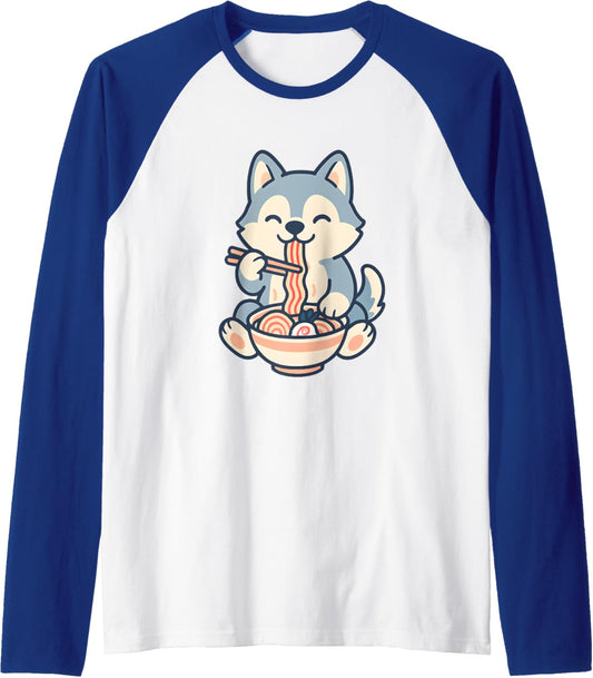 Husky Eating Ramen Noodles, Kawaii, Manga, Anime Raglan Baseball Tee