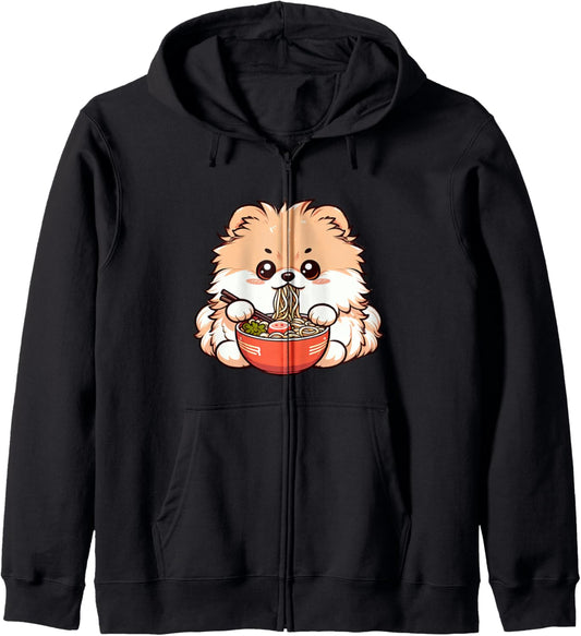 Anime Kawaii Pomeranian Dog Eating Ramen Noodles Teen Girl Zip Hoodie