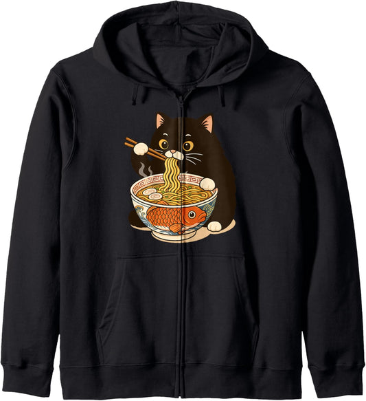 Fat Cat Ramen Anime Meme Eating Noodles Kawaii Zip Hoodie