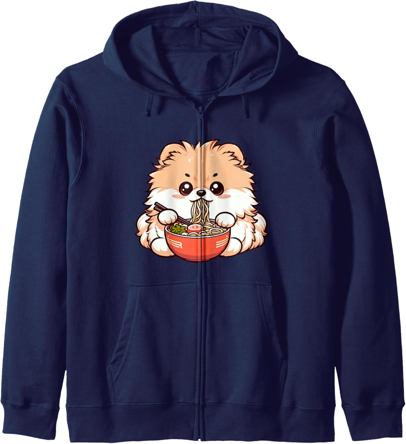 Anime Kawaii Pomeranian Dog Eating Ramen Noodles Teen Girl Zip Hoodie
