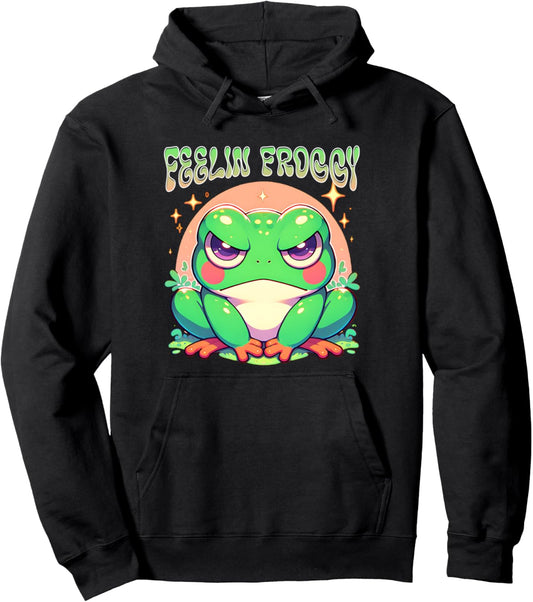 Grumpy Face Angry Frog Feelin Froggy Anime Style Girls Pullover Hoodie