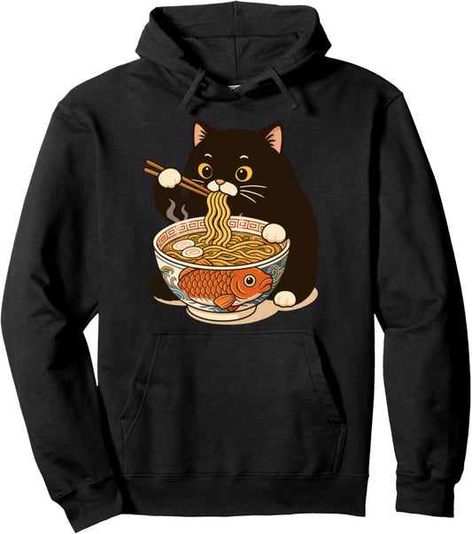 Fat Cat Ramen Anime Meme Eating Noodles Kawaii Pullover Hoodie