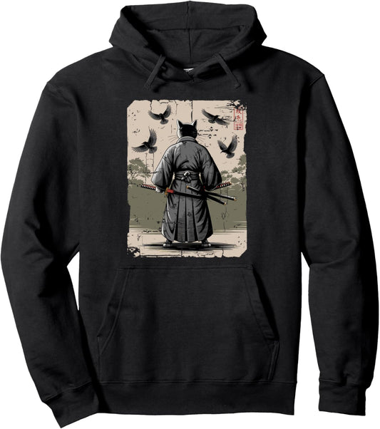 ?? Ninja Cat Samurai Warrior Vintage Japanese Anime Art Pullover Hoodie