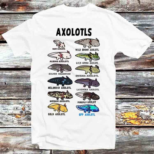 Axolotl Types Names List T Shirt Vintage Retro Cool Gift Mens Womens Unisex Cartoon Anime Top Tee B704