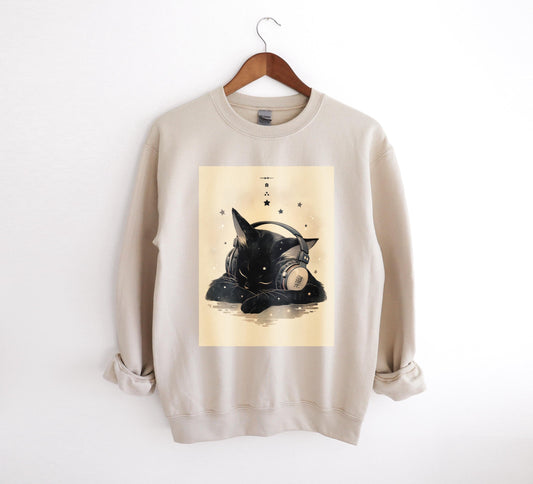 Japanese Black Cat with Headphones Sleeping Sweatshirt | Cozy Kawaii Cat Sweater | Anime Cat Lover Gift | Warm Cute Cat Design | Casual Wear