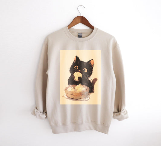 Asian Black Kitten Eating Dumplings Sweatshirt | Kawaii Cat Sweater | Anime Food Lover Gift | Cozy Warm Cat Design | Adorable Casual Wear